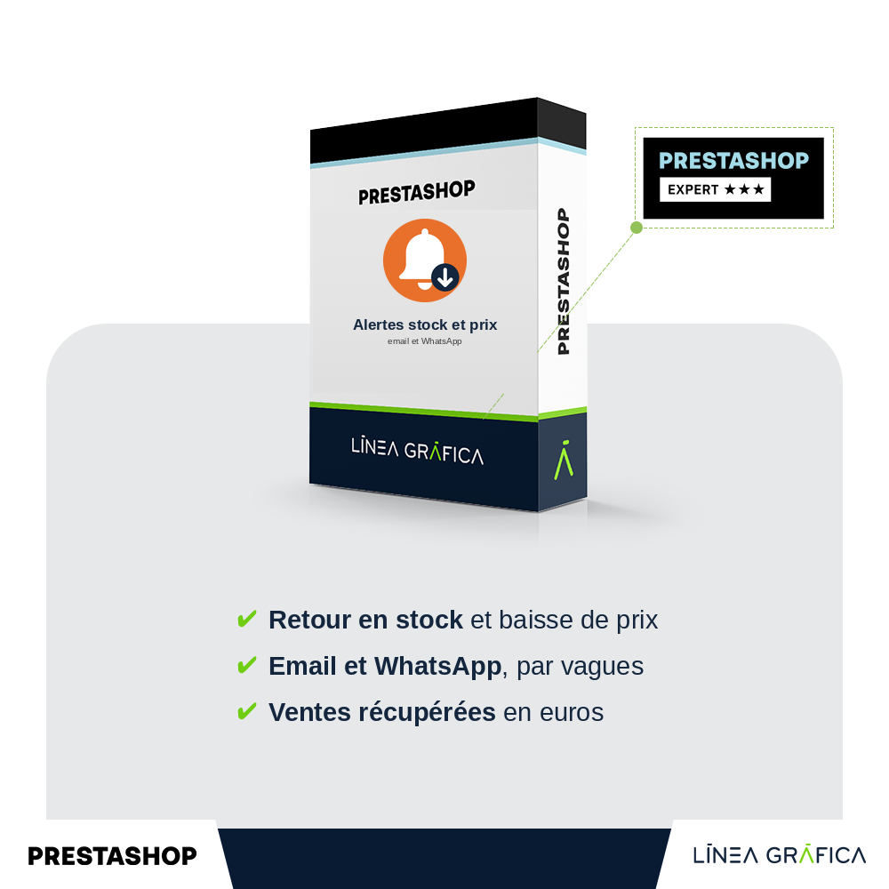 Couverture du module d'alertes retour en stock et baisse de prix pour PrestaShop