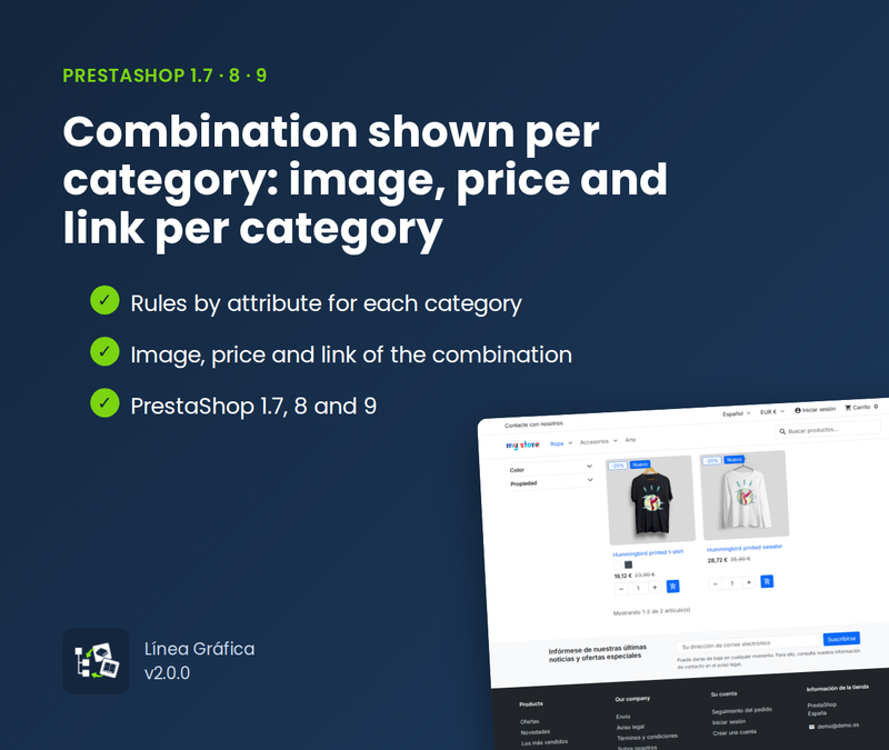 Combination shown per category: image, price and link per category