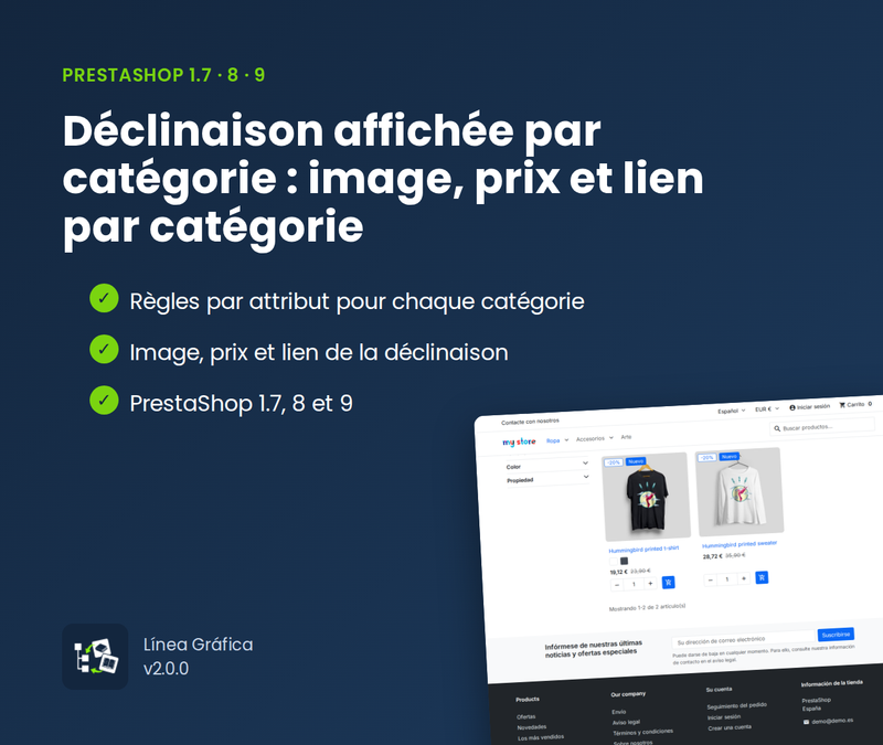 Déclinaison affichée par catégorie : image, prix et lien par catégorie