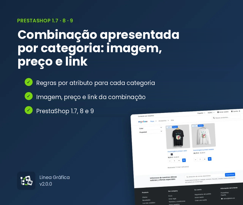 Módulo PrestaShop: combinação apresentada por categoria, com imagem, preço e link