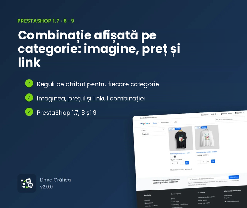 Combinația afișată pe categorie: imagine, preț și link