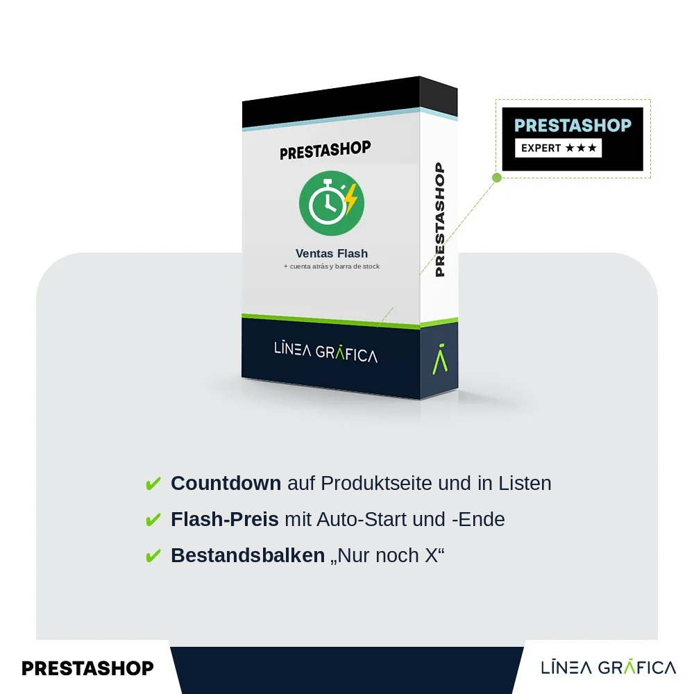 PrestaShop-Modul für Flash Sales mit Countdown-Timer und Bestandsbalken