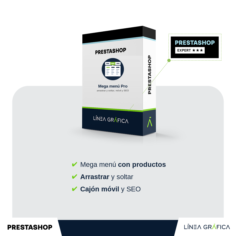 Módulo PrestaShop de mega menú con arrastrar y soltar, menú móvil y SEO