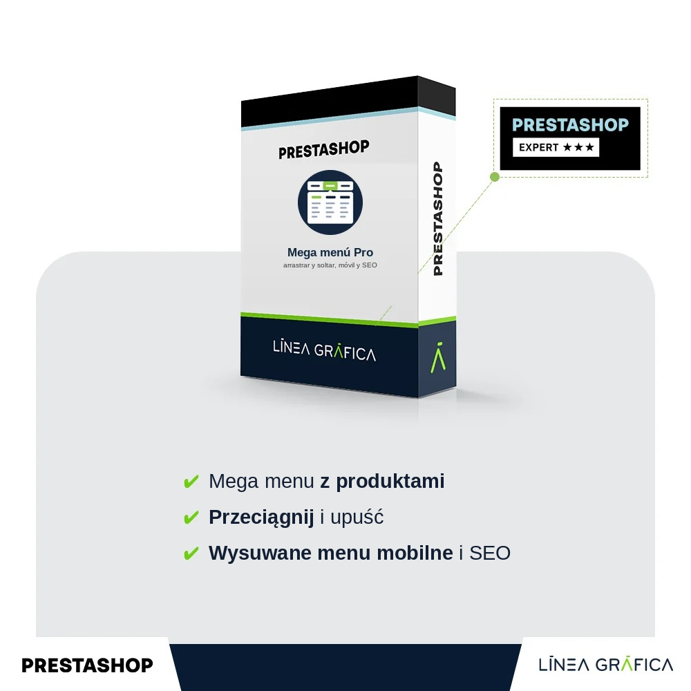 Moduł mega menu PrestaShop z edytorem przeciągnij i upuść, menu mobilnym i SEO