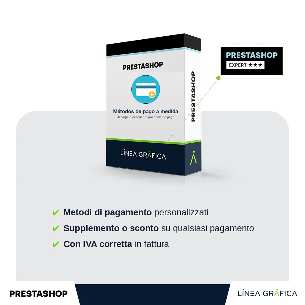 Modulo PrestaShop di Línea Gráfica per metodi di pagamento personalizzati e maggiorazione o sconto per metodo di pagamento