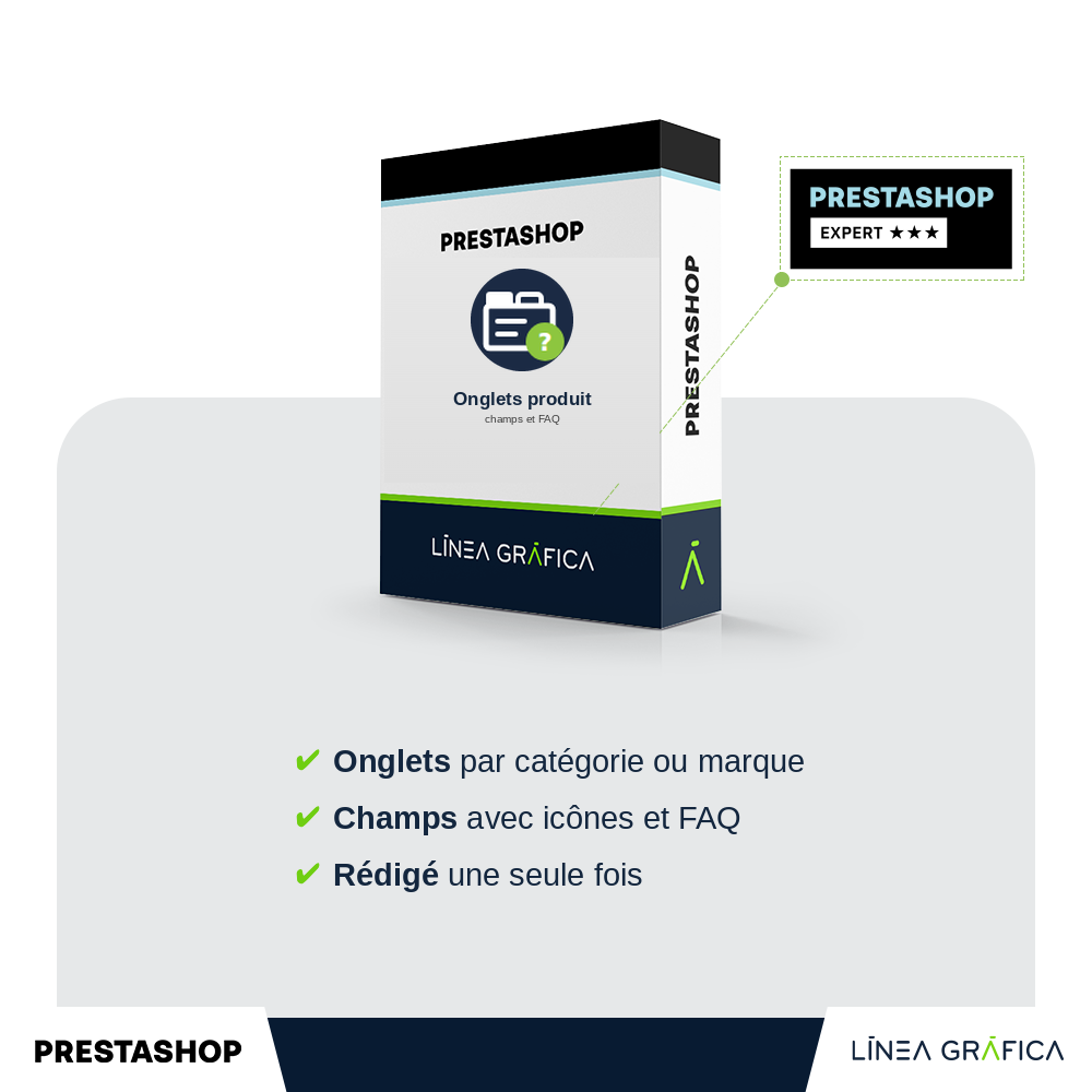 Couverture du module PrestaShop onglets produit, champs personnalisés et FAQ