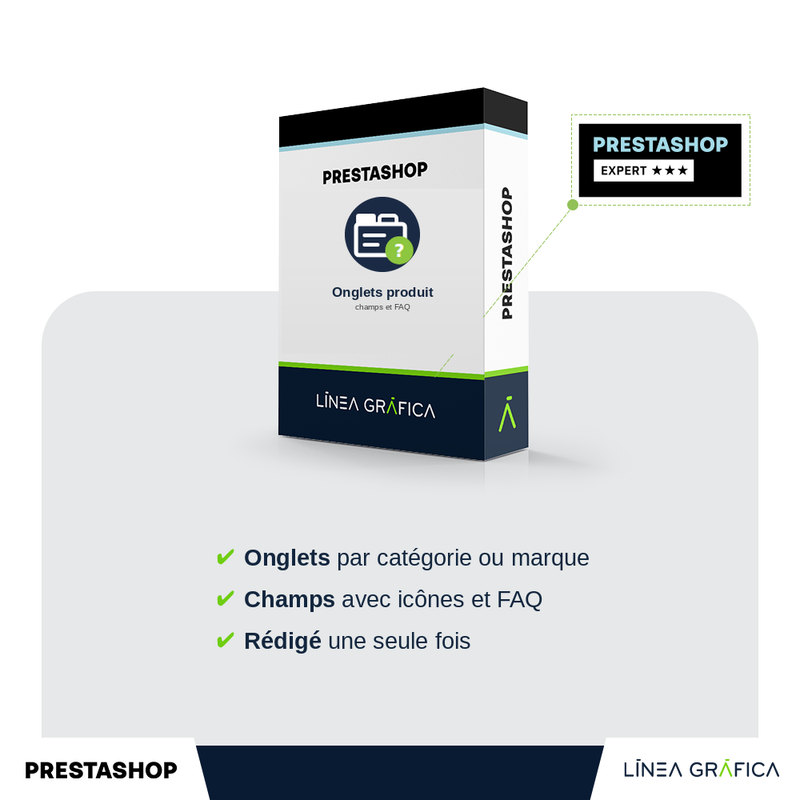 Couverture du module PrestaShop onglets produit, champs personnalisés et FAQ