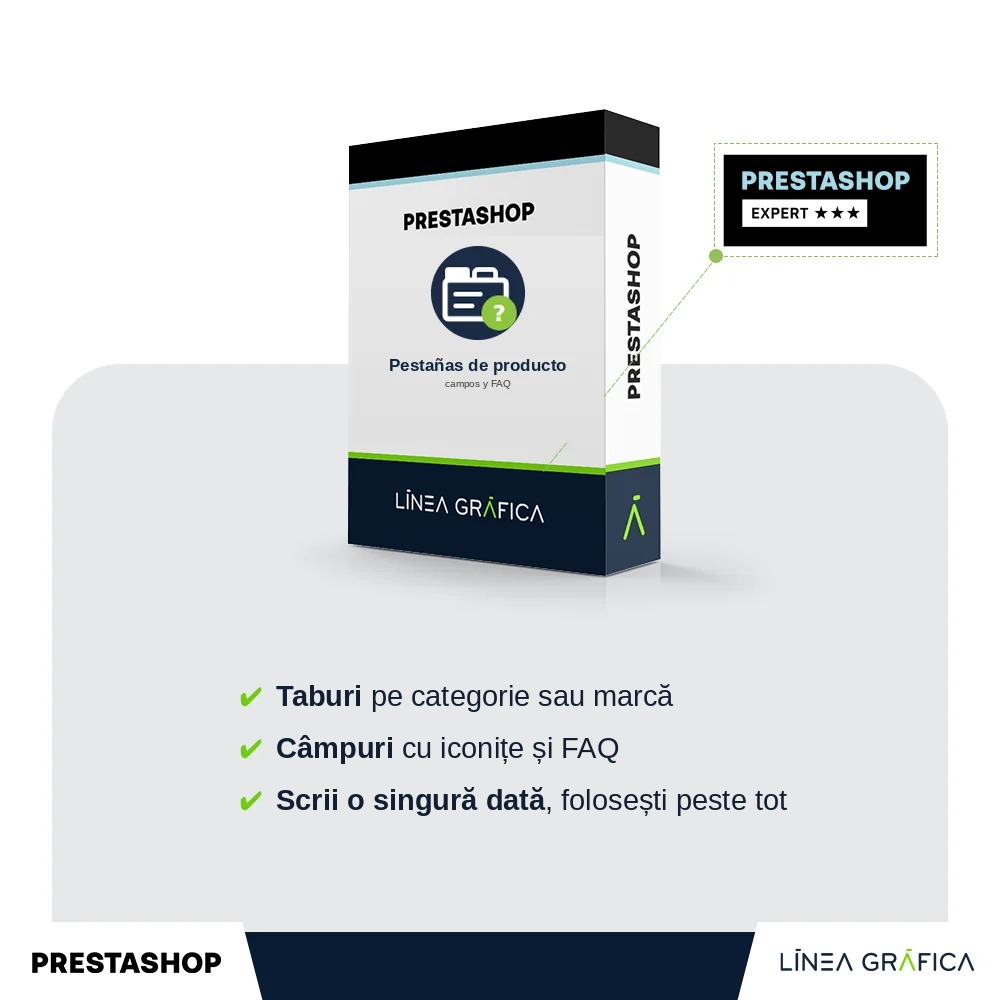 Copertă a modulului de file de produs, câmpuri personalizate și FAQ pentru PrestaShop