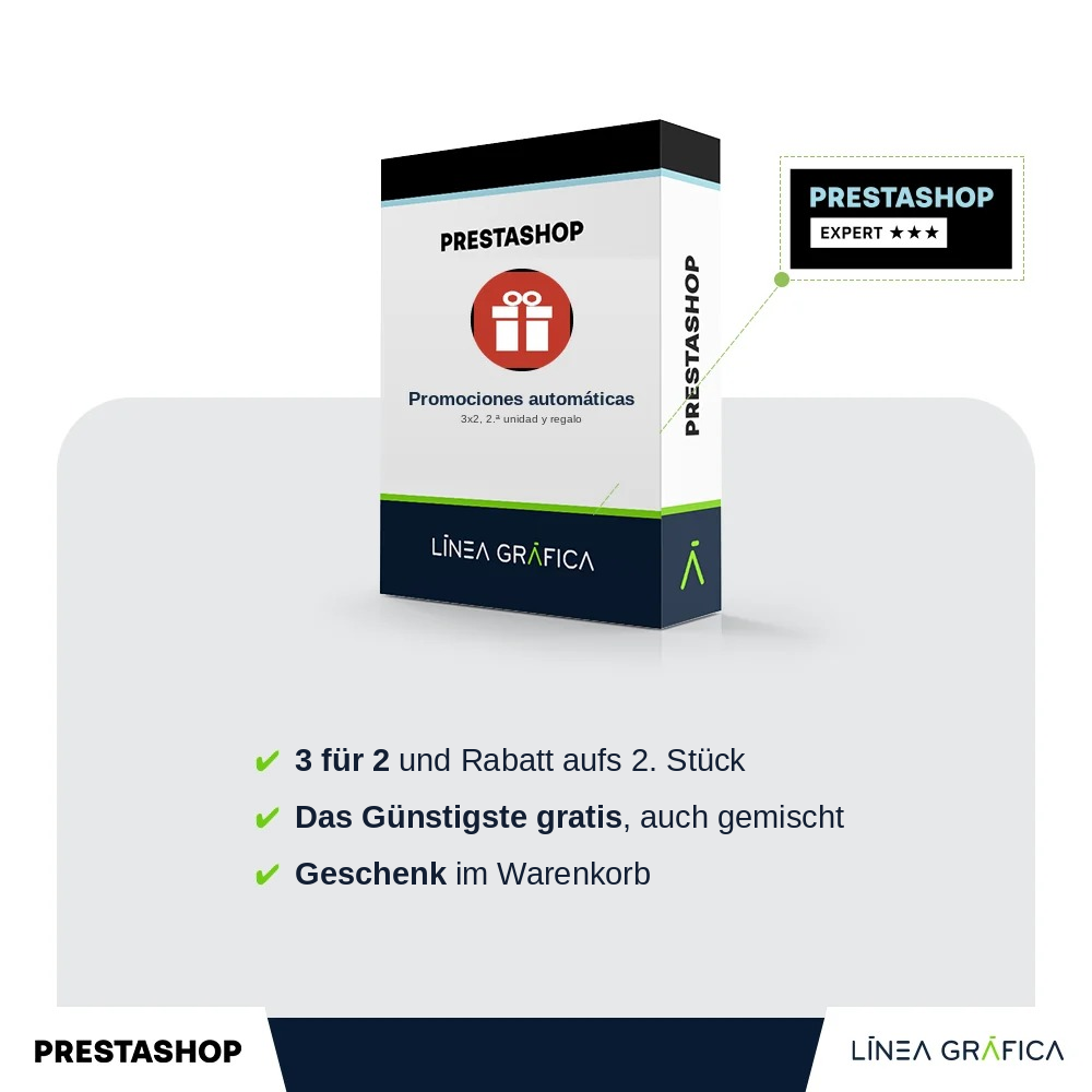 PrestaShop-Modul für automatische Rabattaktionen: 3 für 2, 2. Artikel und Gratisgeschenk von Línea Gráfica