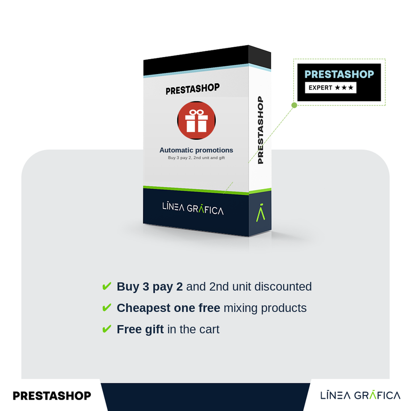 PrestaShop automatic promotions module: buy 3 pay 2, 2nd unit and free gift by Línea Gráfica