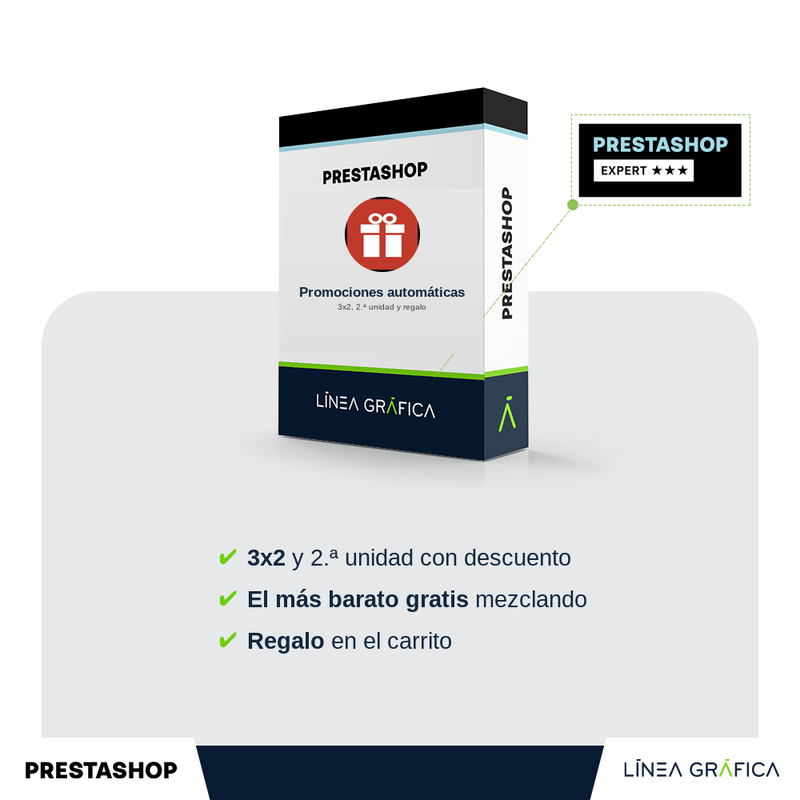 Módulo PrestaShop de promociones automáticas 3x2, 2.ª unidad y regalo de Línea Gráfica