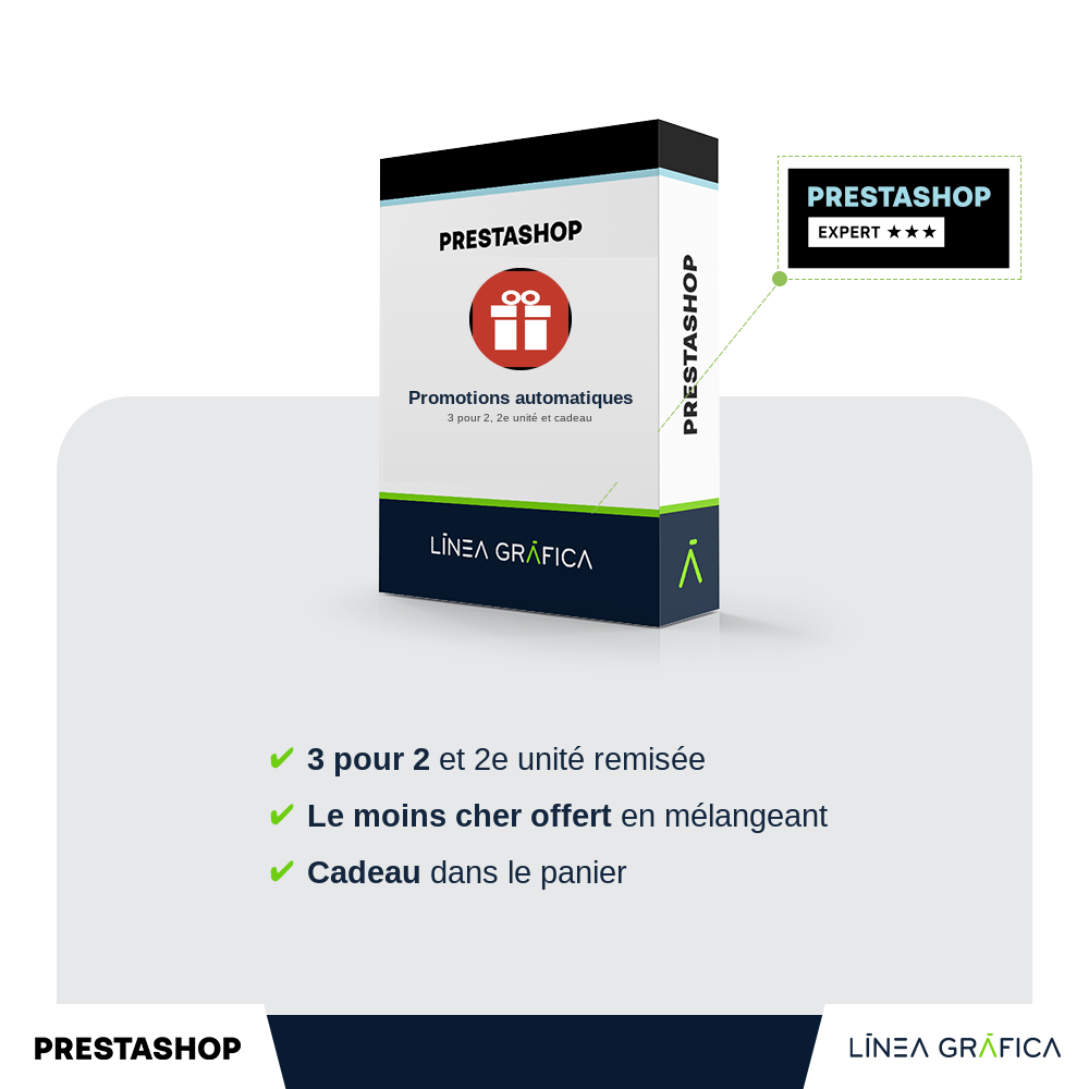 Module PrestaShop de promotions automatiques 3 pour 2, 2e unité et cadeau par Línea Gráfica