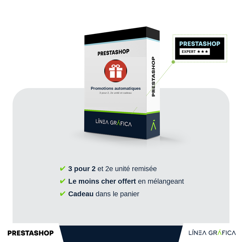 Module PrestaShop de promotions automatiques 3 pour 2, 2e unité et cadeau par Línea Gráfica