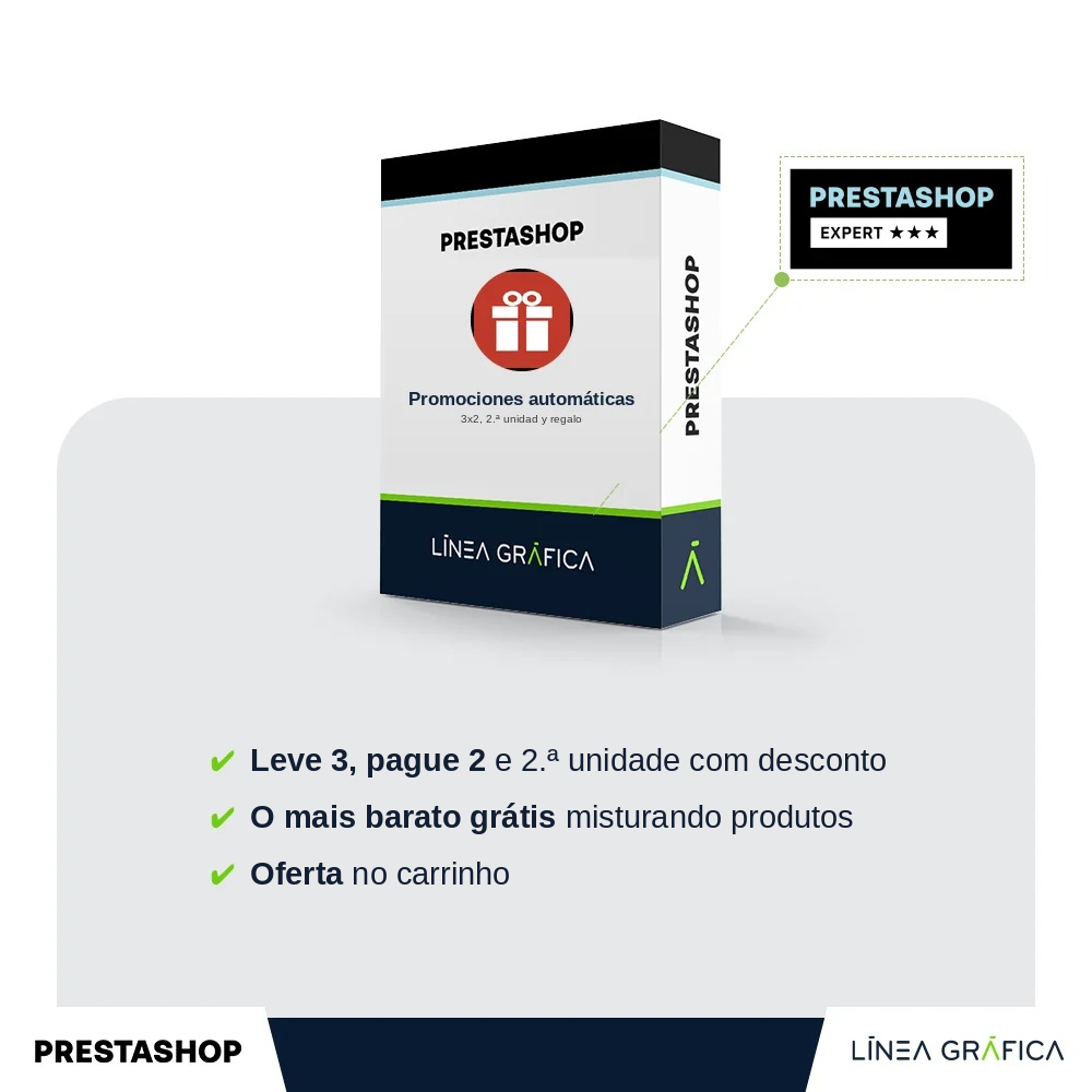 Módulo PrestaShop de promoções automáticas: 3x2, 2.ª unidade e brinde, da Línea Gráfica