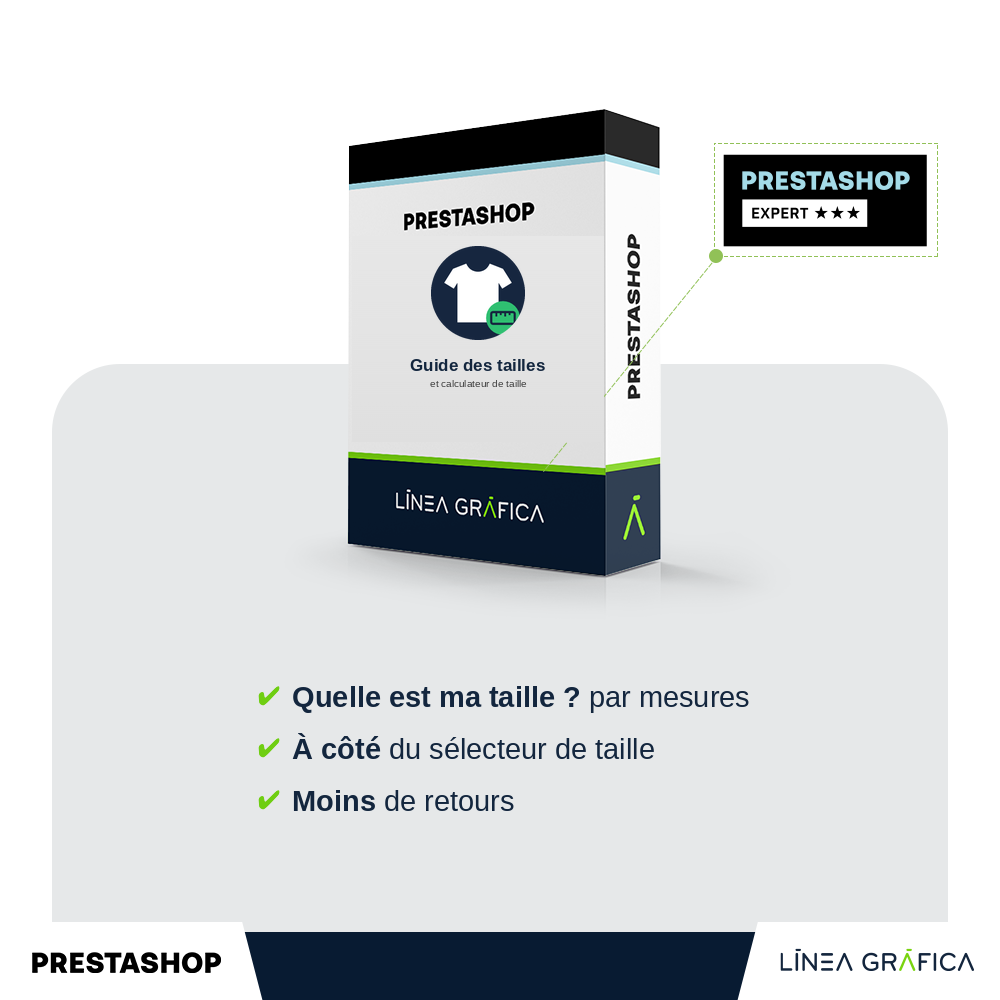 Couverture du module guide des tailles et calculateur de taille pour PrestaShop