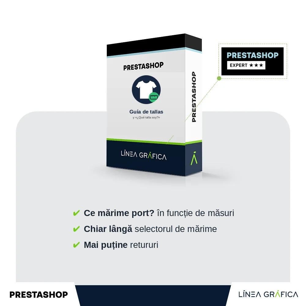 Copertă a modulului ghid de mărimi și „Ce mărime port?” pentru PrestaShop