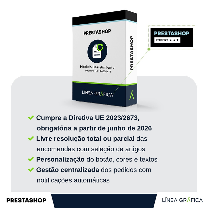 Módulo PrestaShop de botão de livre resolução UE em conformidade com a Diretiva 2023/2673, da Línea Gráfica