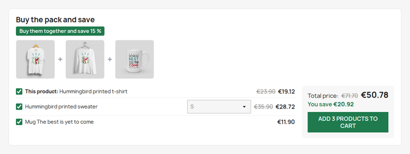 Frequently bought together block on the PrestaShop product page with bundle discount