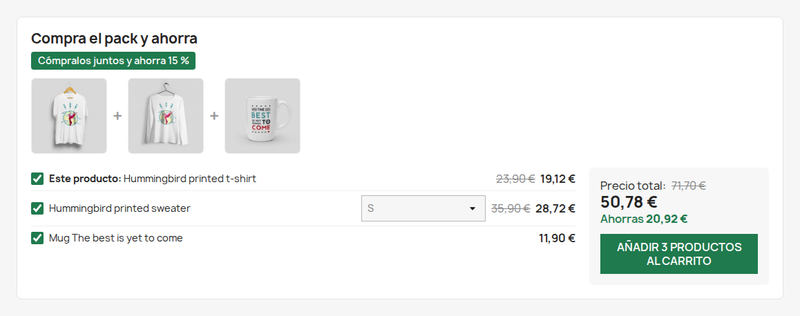Bloque comprados juntos en la ficha de producto de PrestaShop con descuento de pack