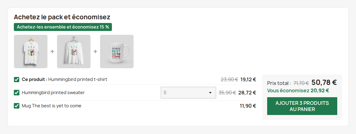 Bloc souvent achetés ensemble sur la fiche produit PrestaShop avec remise pack