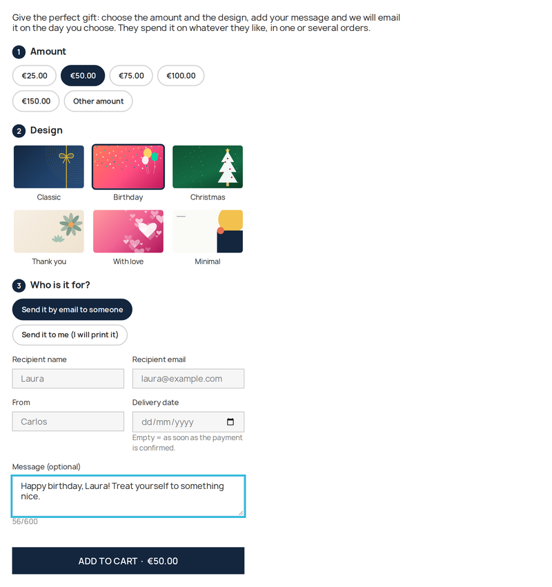 PrestaShop gift card designer: design, amount, message and delivery date with live preview