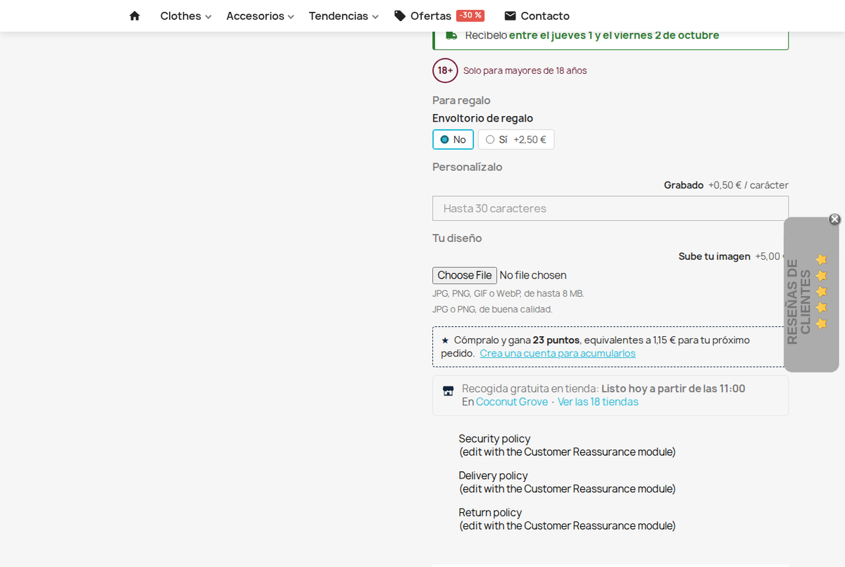 Opciones de producto con precio en la ficha de PrestaShop: envoltorio de regalo y grabado