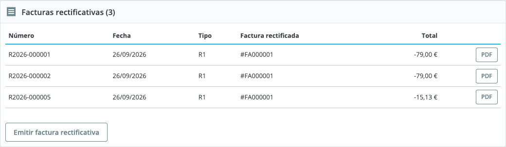 Facturas rectificativas en la ficha del pedido