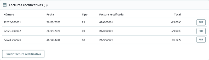 Facturas rectificativas en la ficha del pedido