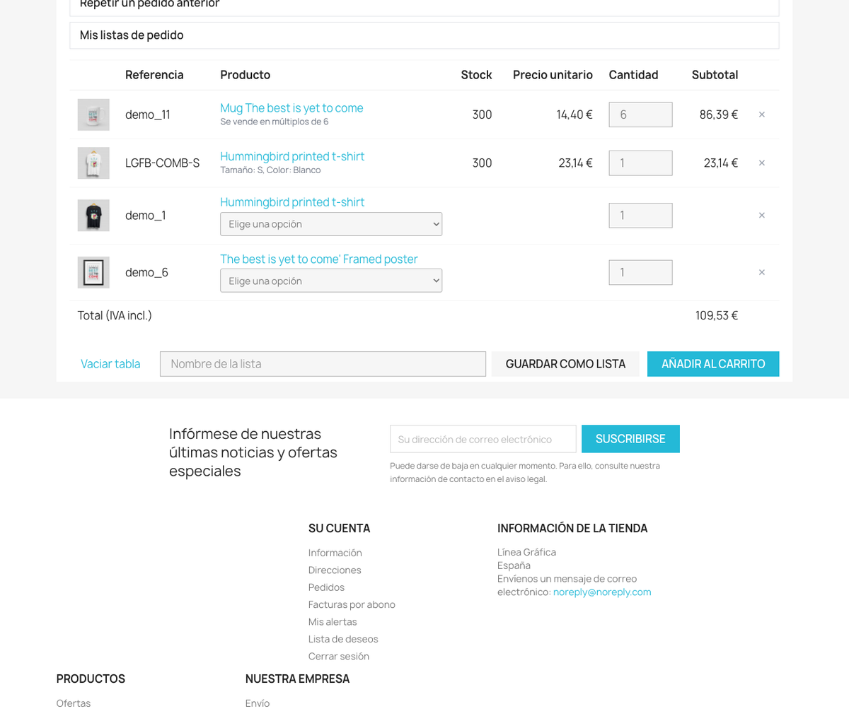 Tabla de pedido con combinaciones, múltiplos de venta, stock y precios