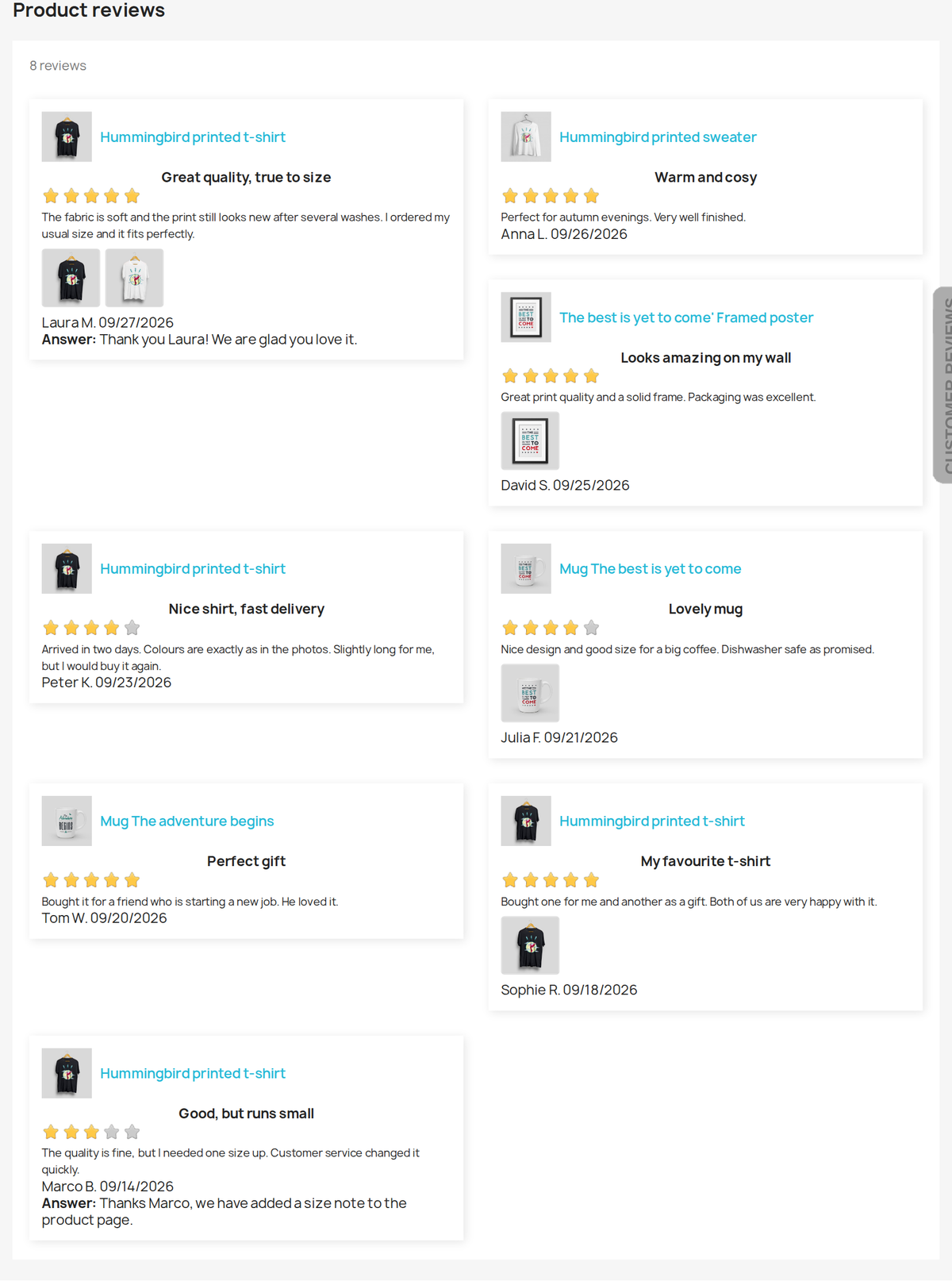 Pagina con tutte le recensioni prodotto del negozio PrestaShop
