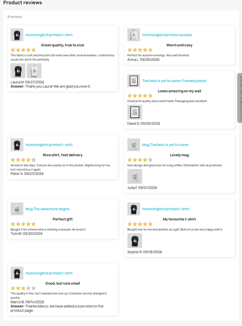Página con todas las opiniones de productos de la tienda PrestaShop