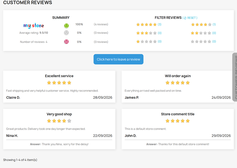 Pagina recensioni negozio con valutazione media e risposte
