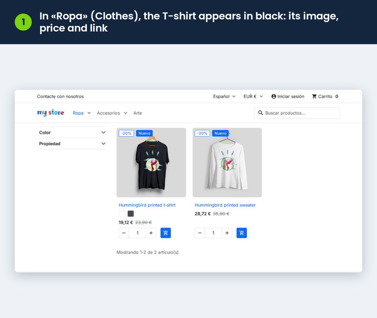 In «Ropa» (Clothes), the T-shirt appears in black: its image, price and link