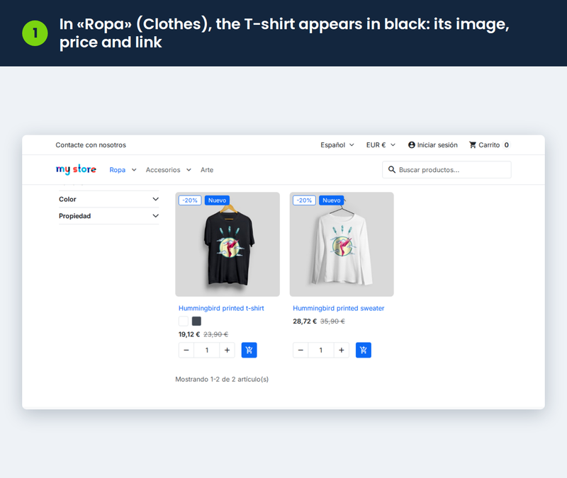 In «Ropa» (Clothes), the T-shirt appears in black: its image, price and link