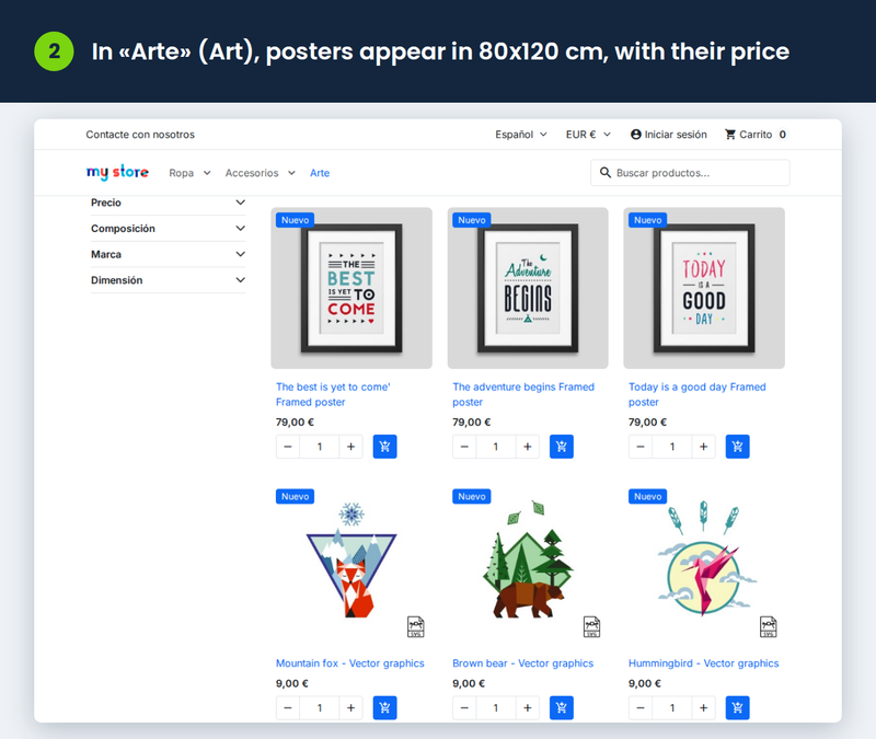 In «Arte» (Art), posters appear in 80x120 cm, with their price