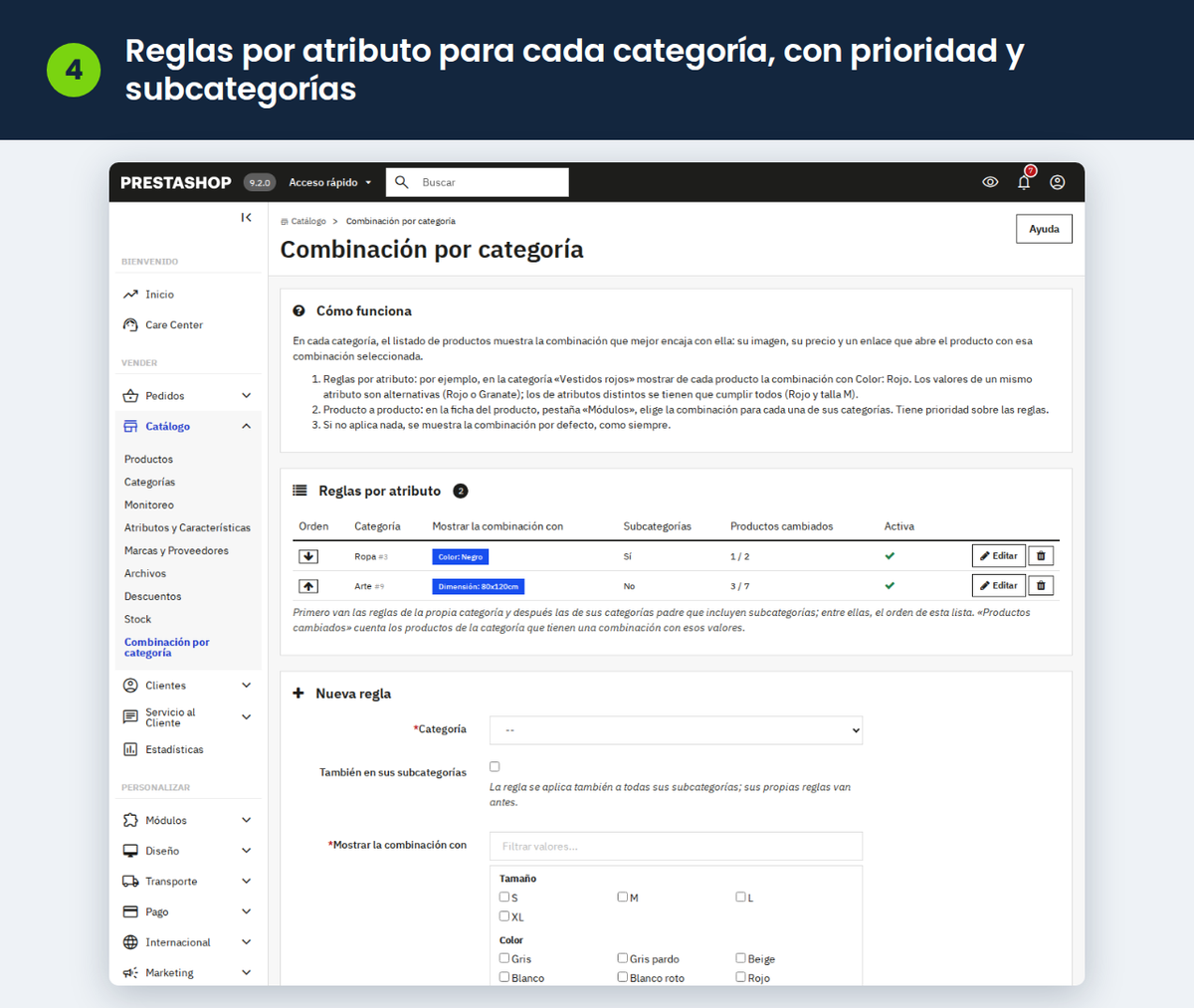 Reglas por atributo para cada categoría, con prioridad y subcategorías