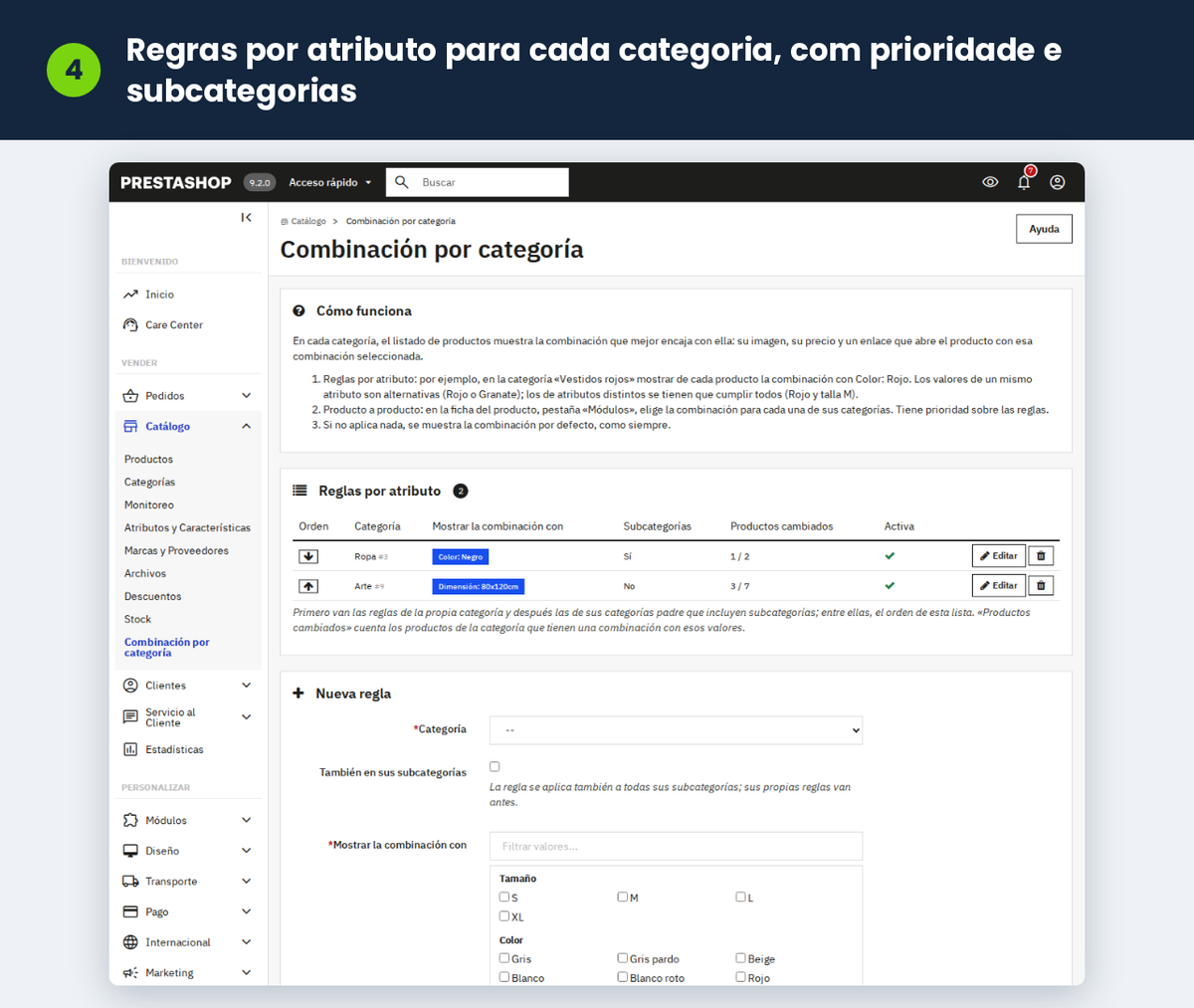 Regras por atributo para cada categoria, com prioridade e subcategorias