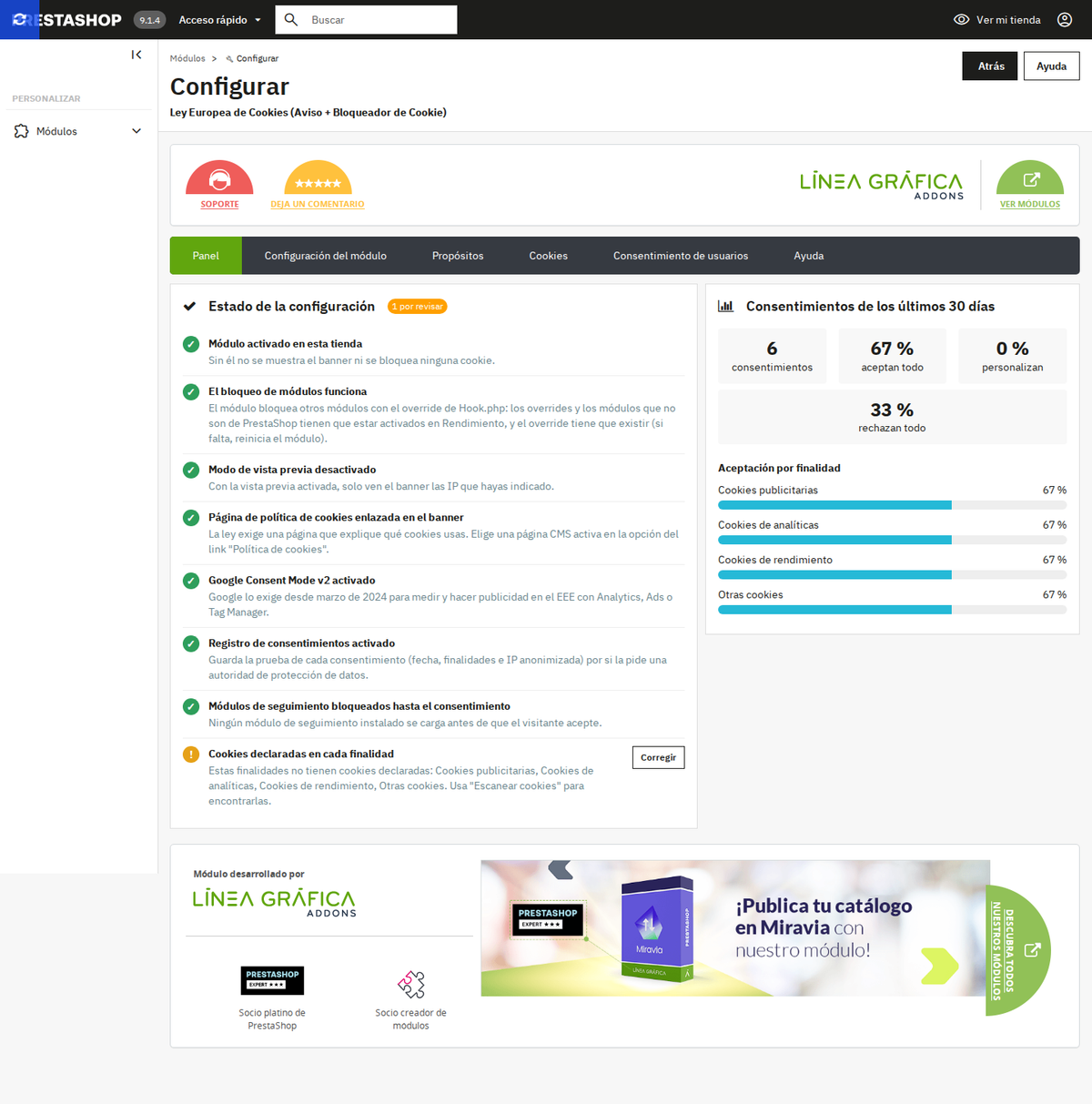 Status dashboard of the PrestaShop cookie module with checks and consent statistics