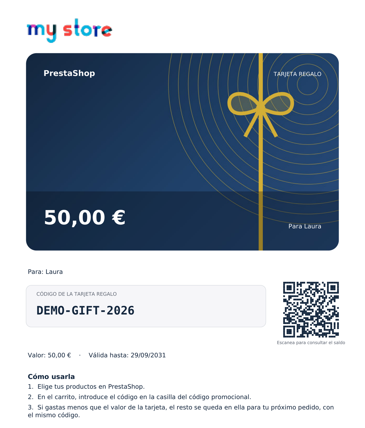 Tarjeta regalo en PDF lista para imprimir con código, importe y caducidad