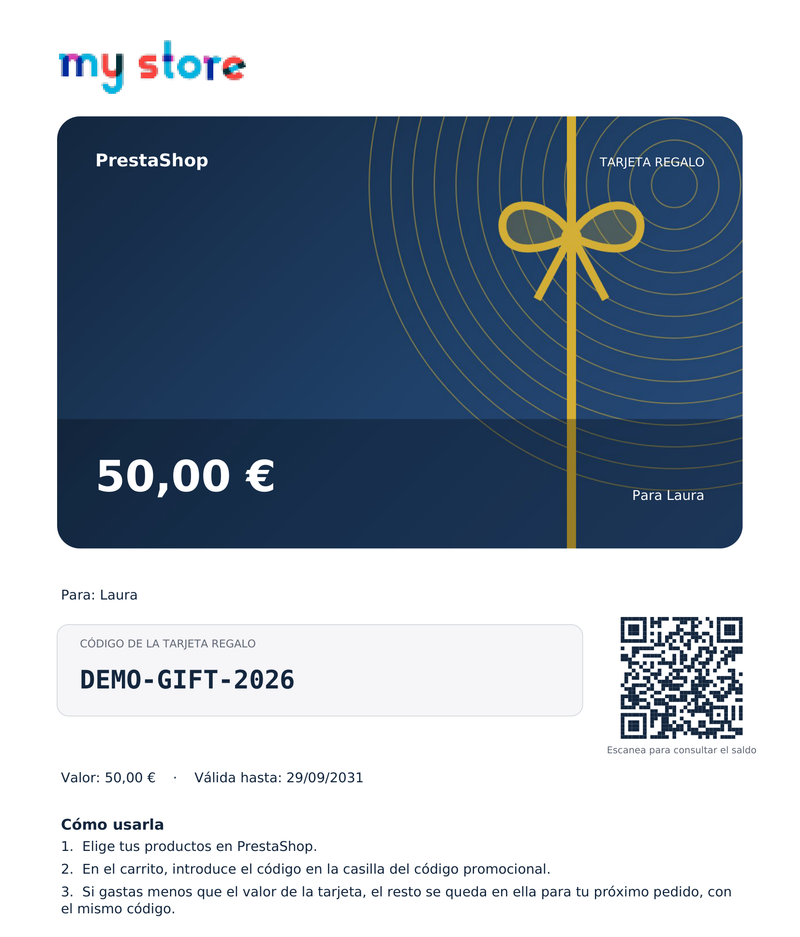 Tarjeta regalo en PDF lista para imprimir con código, importe y caducidad