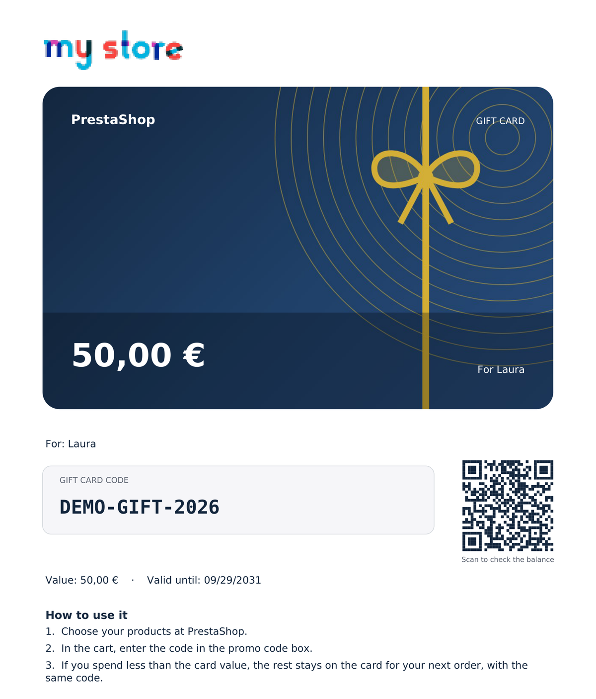 Carte cadeau PDF prête à imprimer avec code, montant et date d'expiration