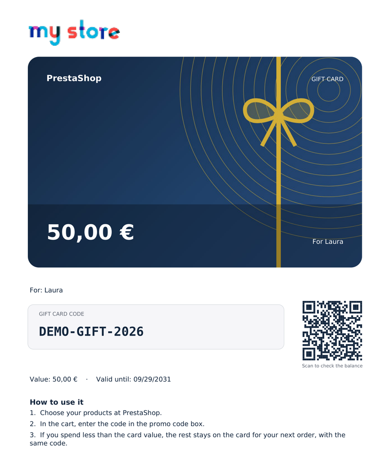 Carte cadeau PDF prête à imprimer avec code, montant et date d'expiration
