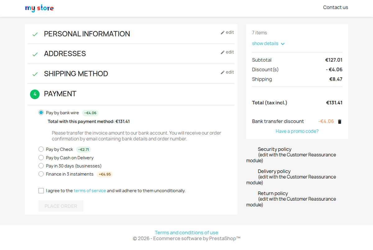 Fee and discount next to each payment method in the PrestaShop checkout