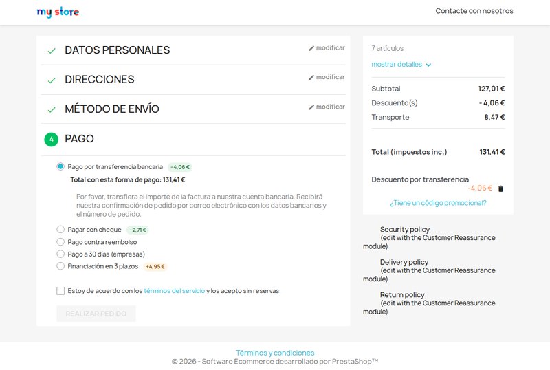 Recargo y descuento junto a cada forma de pago en el checkout de PrestaShop
