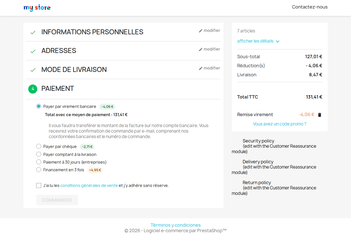 Frais et remise à côté de chaque moyen de paiement dans le tunnel de commande PrestaShop