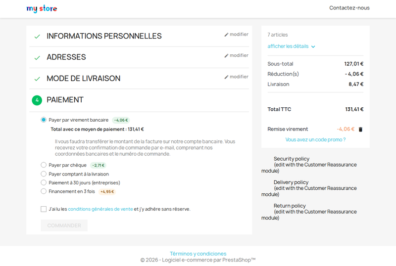 Frais et remise à côté de chaque moyen de paiement dans le tunnel de commande PrestaShop