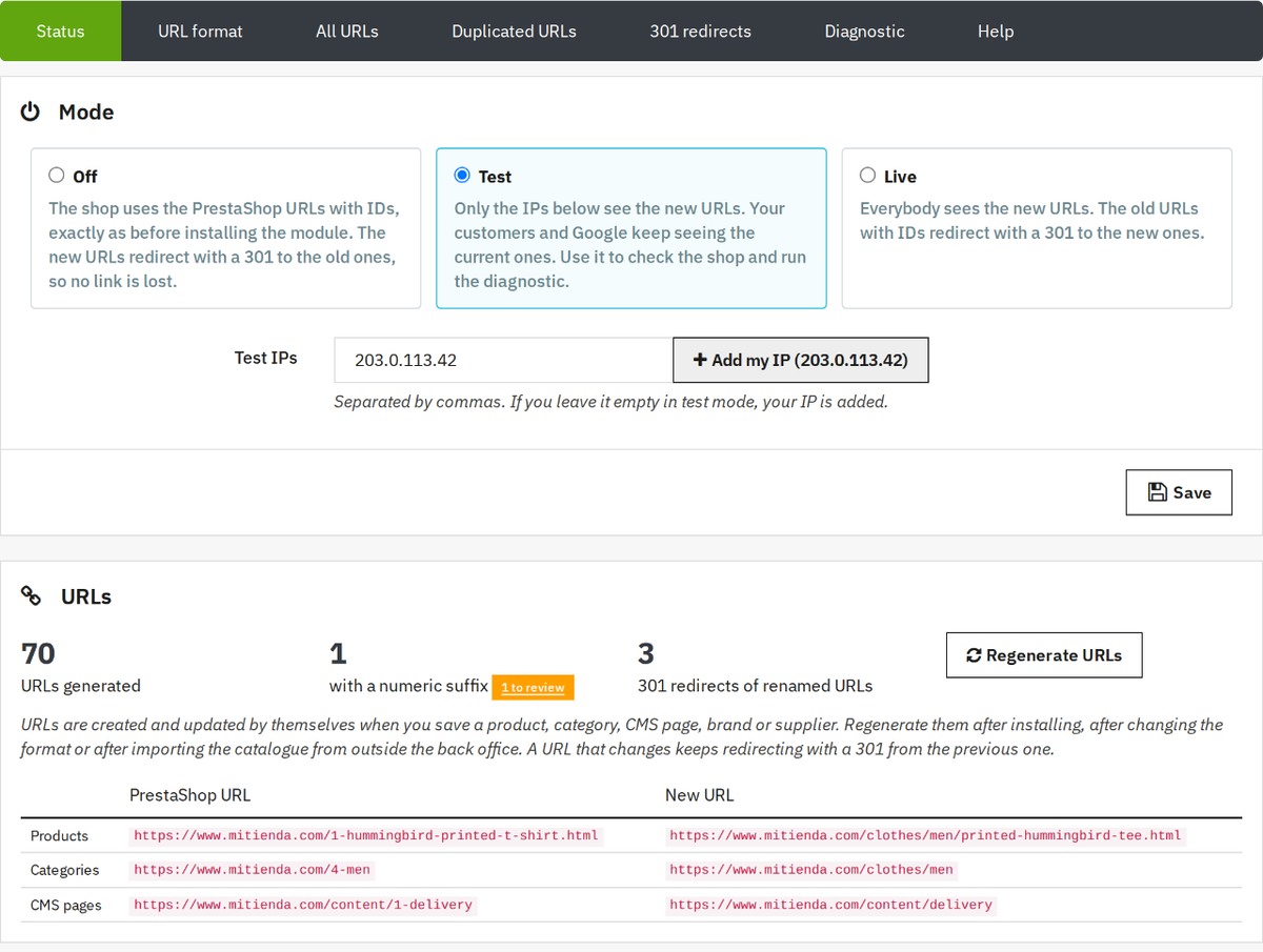 Pretty URLs without IDs PrestaShop module panel with IP test mode and Regenerate URLs button