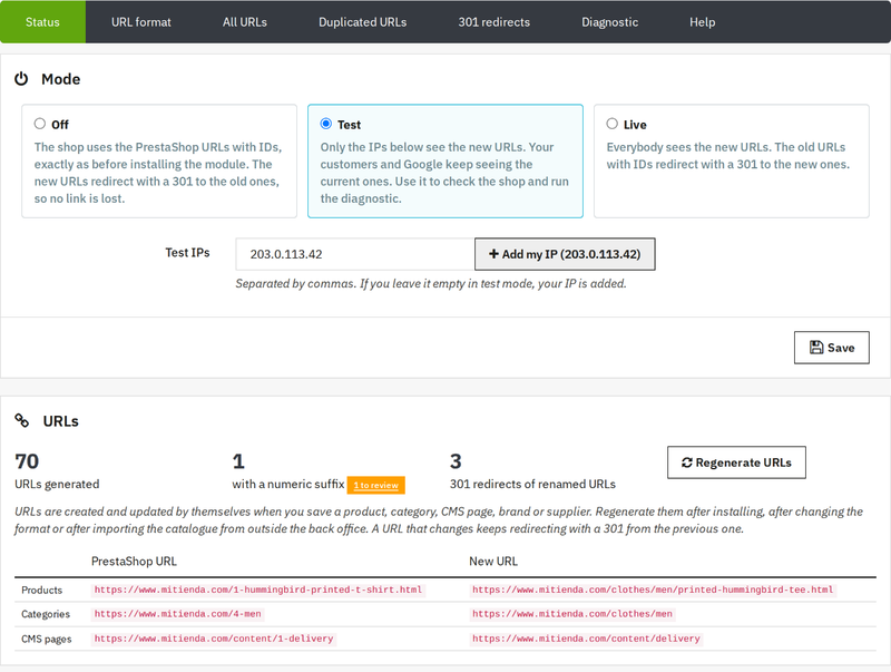Pretty URLs without IDs PrestaShop module panel with IP test mode and Regenerate URLs button