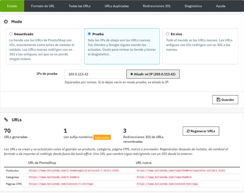 Panel del módulo URLs amigables sin IDs para PrestaShop con modo prueba por IP y botón Regenerar URLs