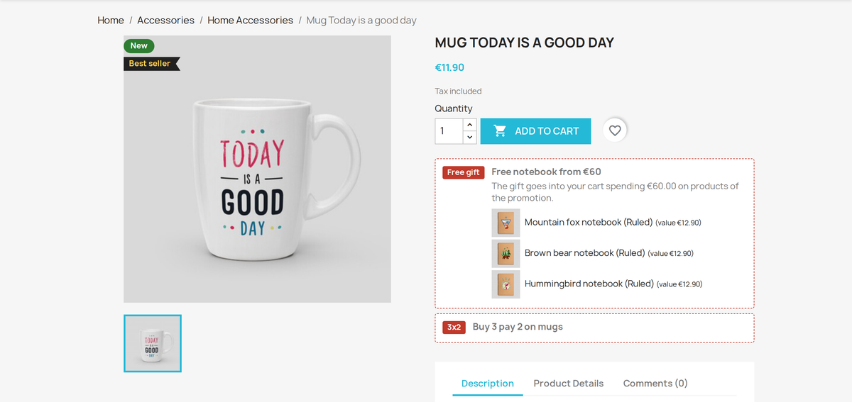Buy 3 pay 2 badge and promotion text on the PrestaShop product page